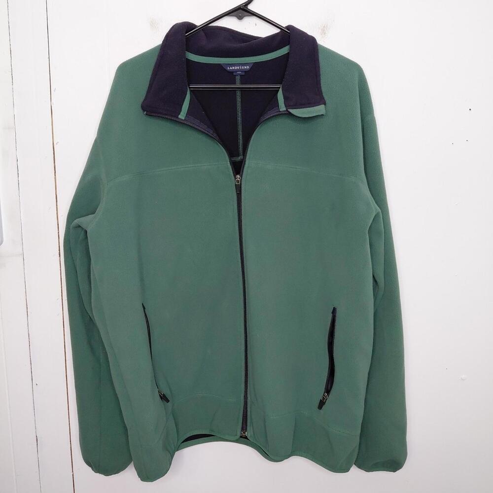 Lands End Jacket Mens Extra Large Fleece Full Zip Up Soft Cozy Blue Lining Green